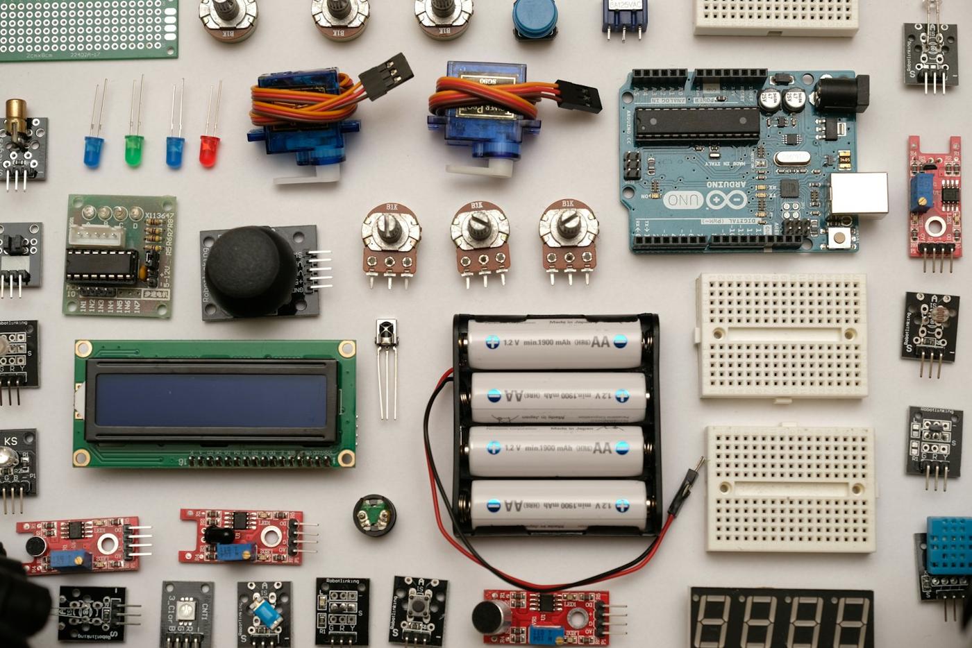 Arduino board with sensors and components laid out