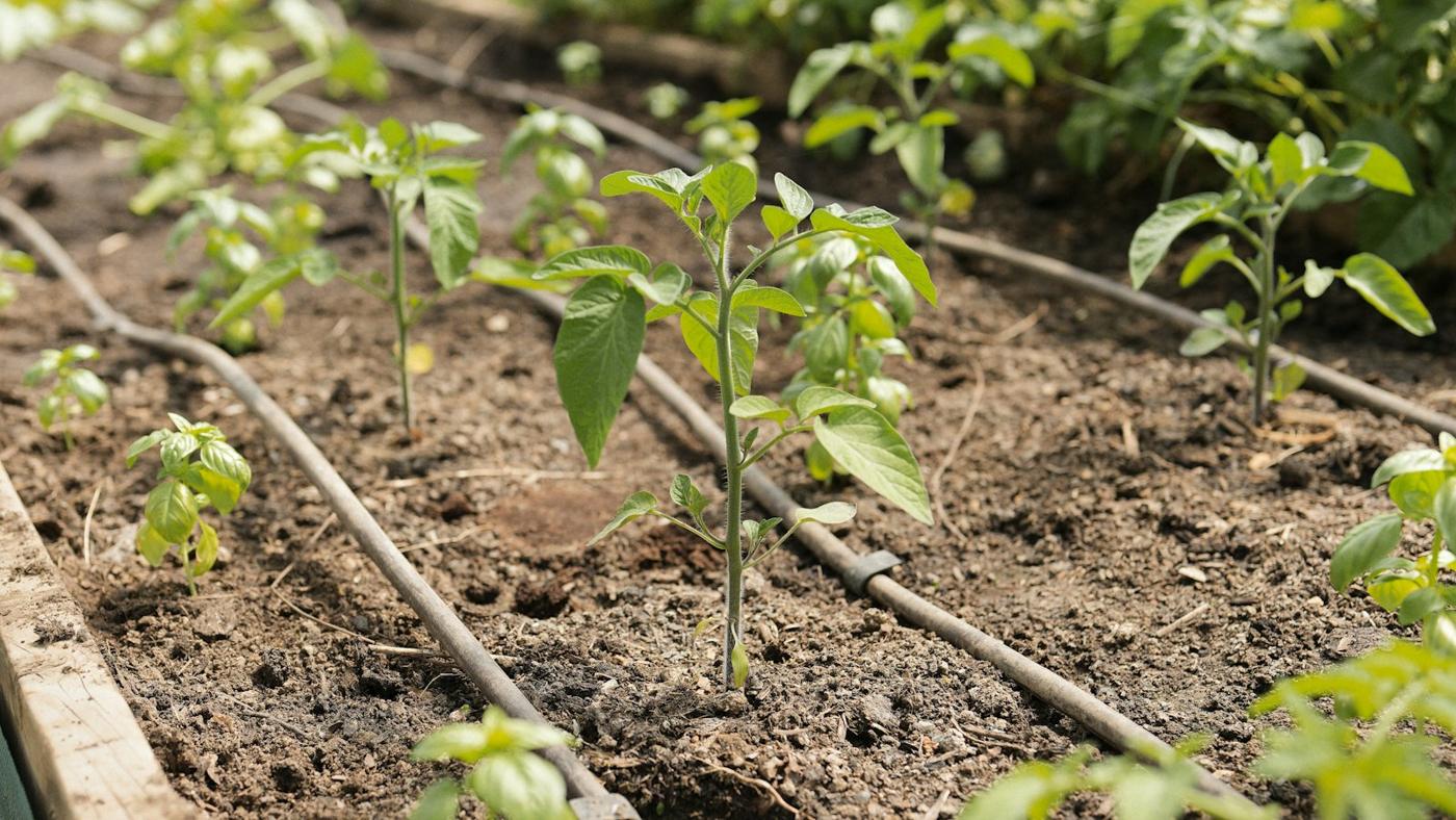 Seedlings with drip irrigation lines