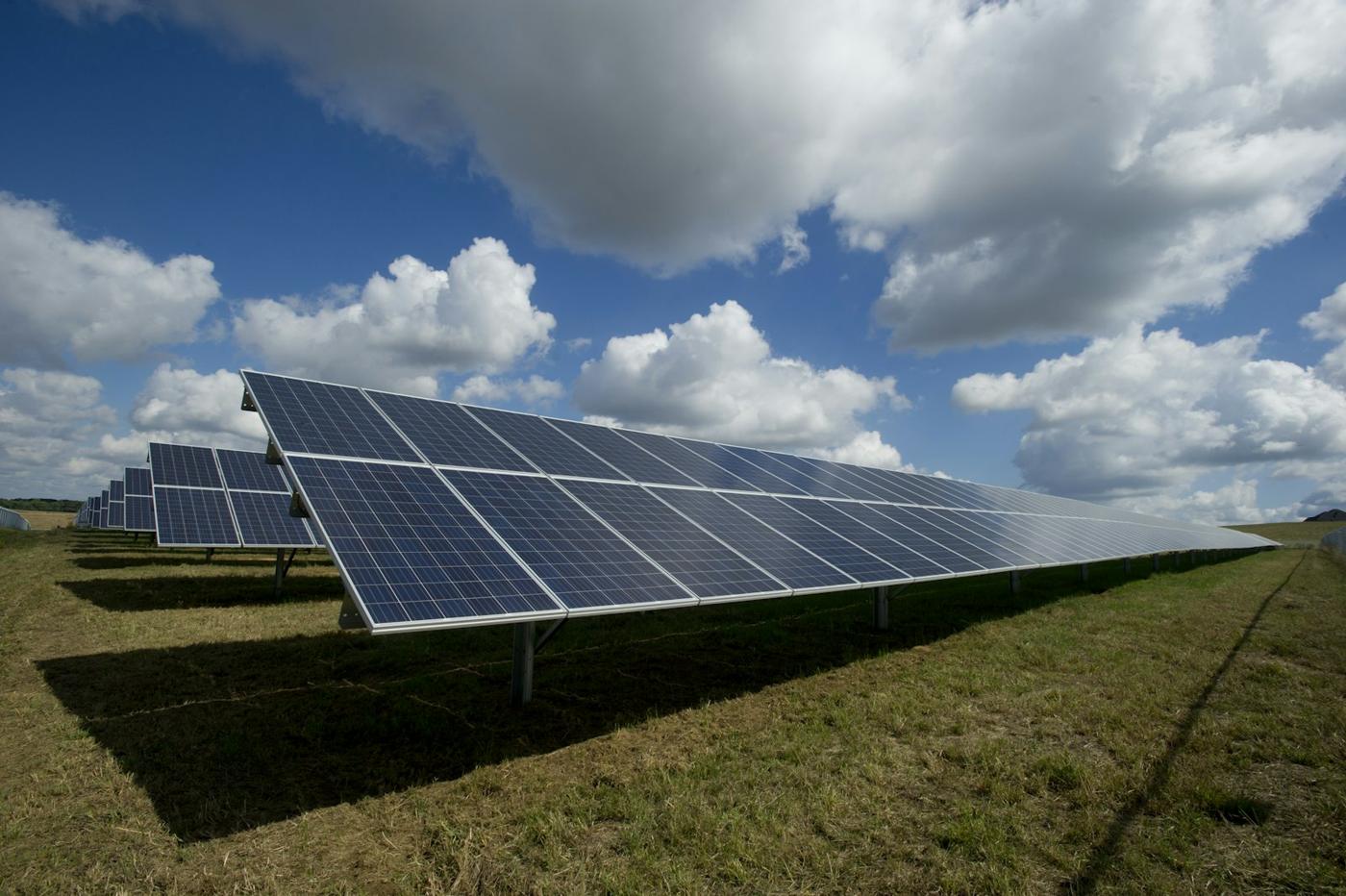Rows of solar panels under an open sky
